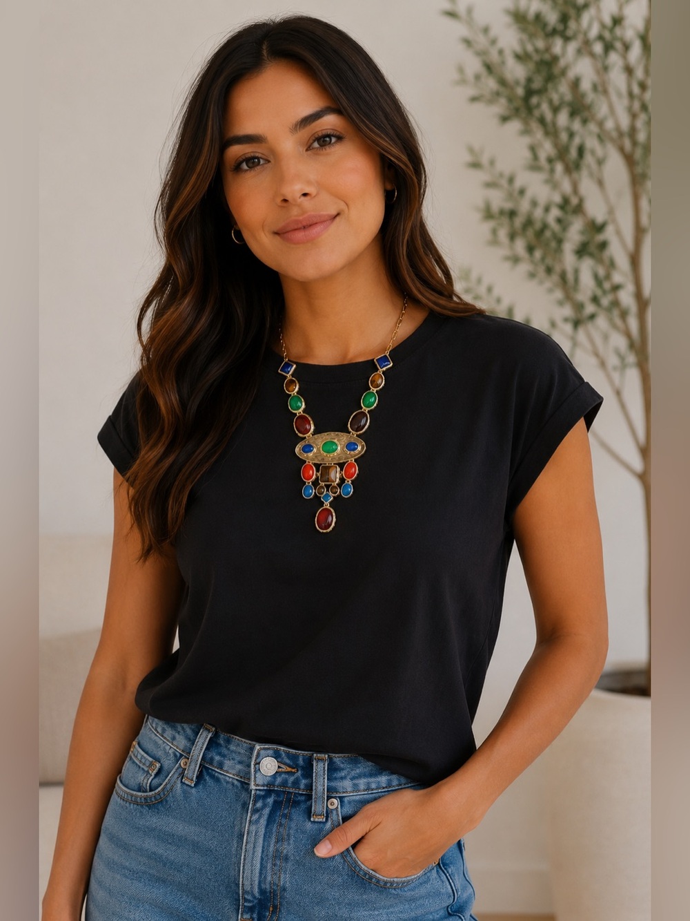 Bold Multicolor Statement Necklace Pendant For All Year Round - Gold Tone